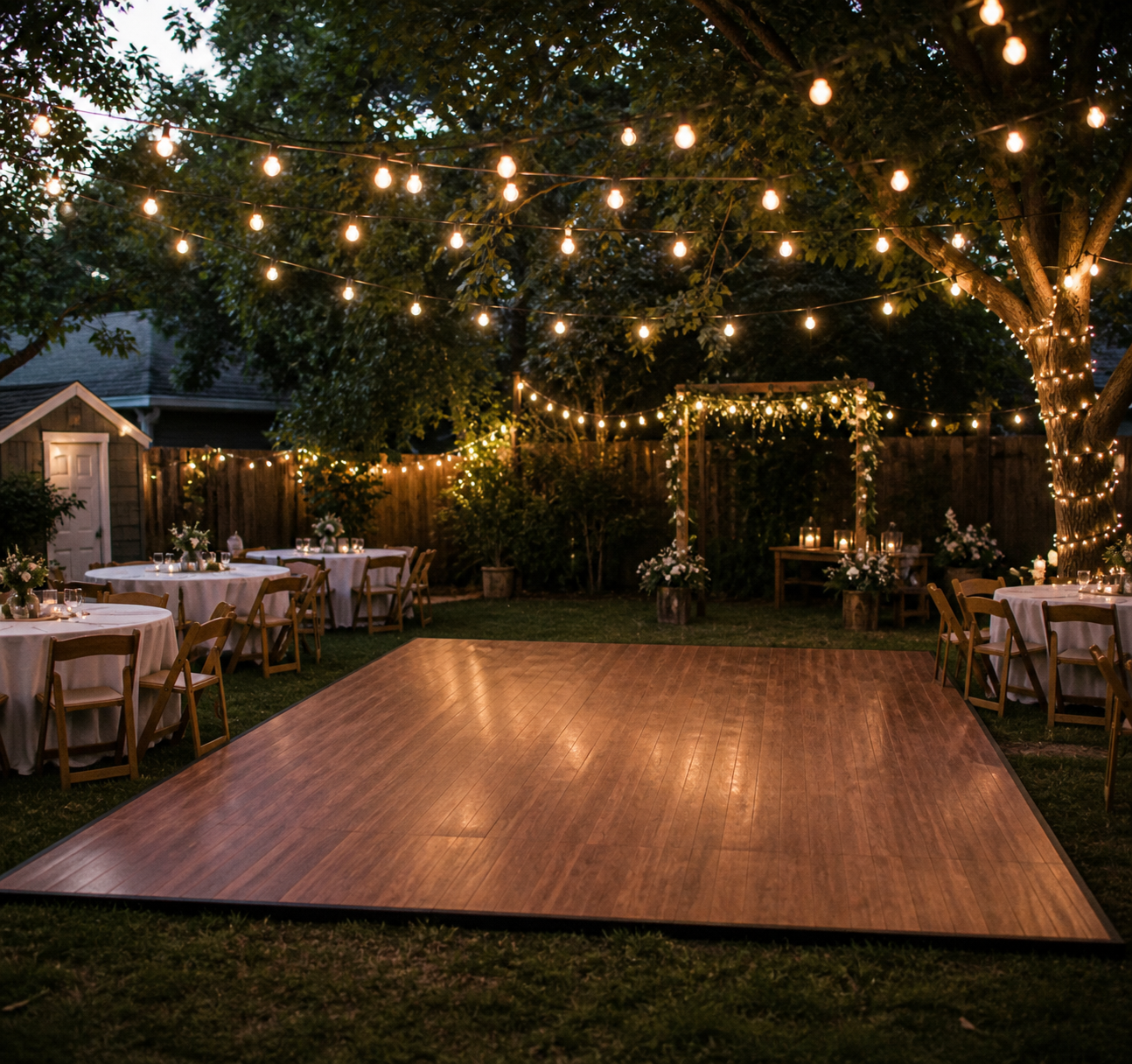 Outdoor backyard party setup with round tables covered in white tablecloths, string lights hanging from trees, a wooden dance floor, and decorated with flower arrangements and candles, nighttime ambiance.
