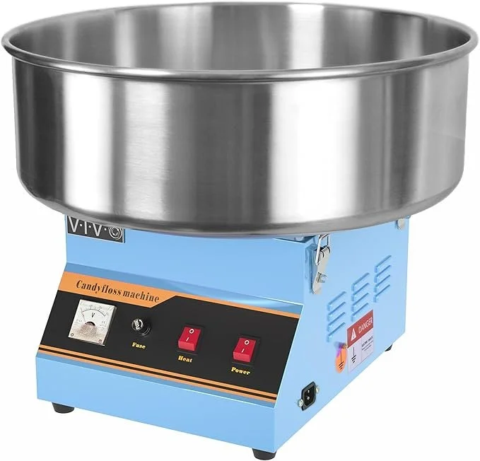 Electric candy floss machine with a large metal spinning bowl and control switches