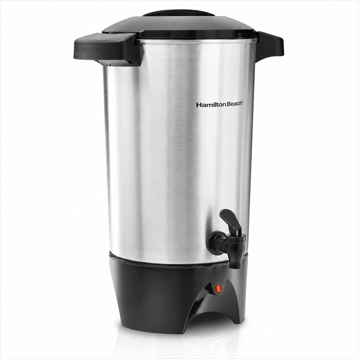 Hamilton Beach hot water dispenser with stainless steel body and black base.