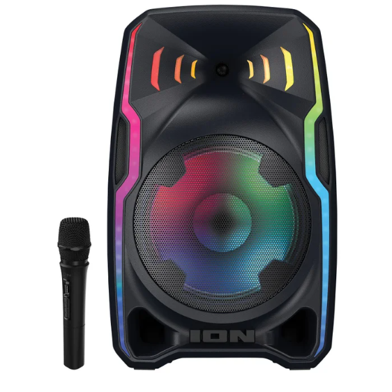 Black portable speaker with rainbow LED lights and a built-in microphone for sound transmission.