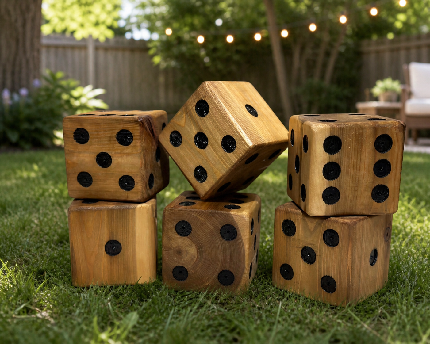 Large wooden dice with black spots arranged outdoors on green grass in a backyard with trees, fence, and outdoor furniture, illuminated by string lights.
