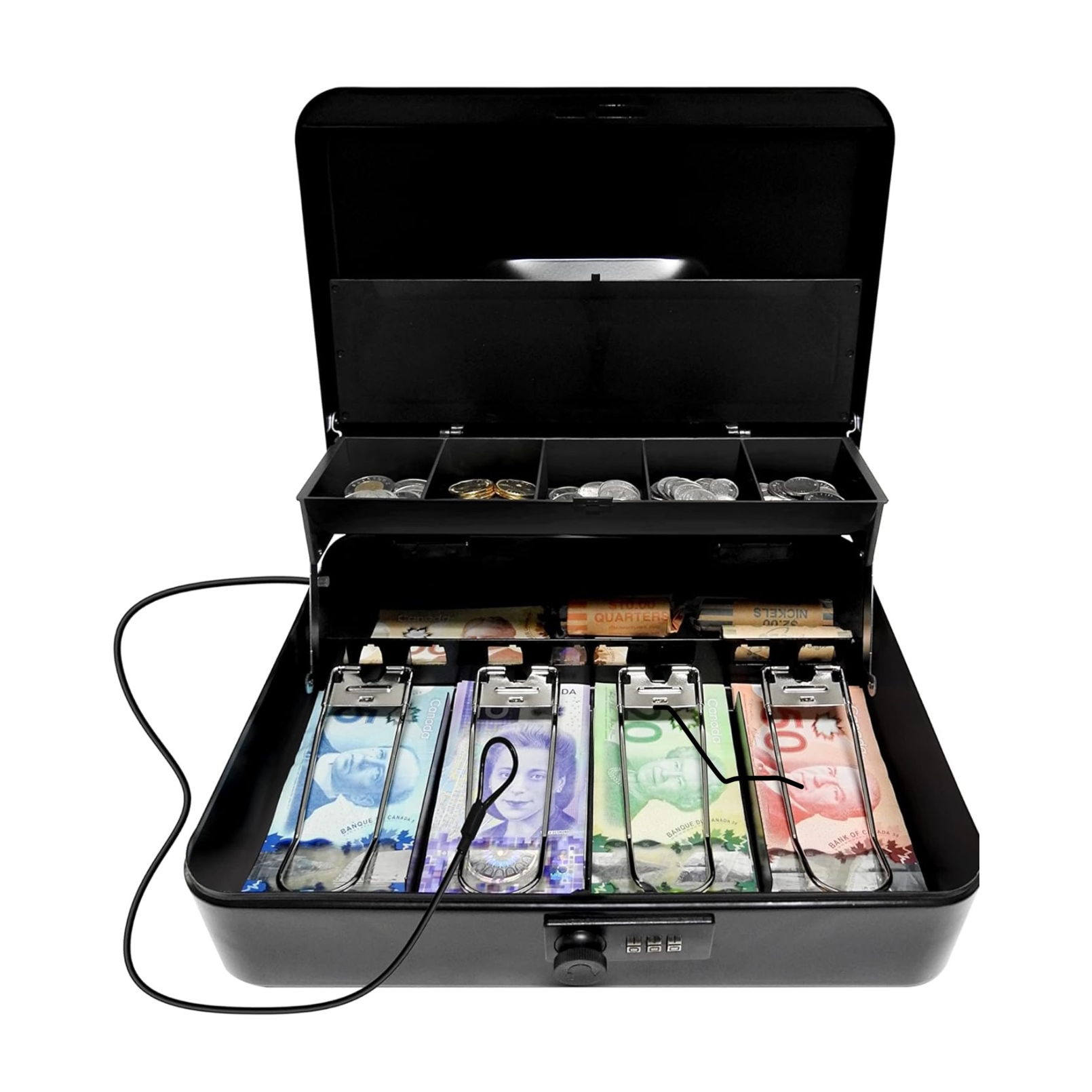 A black cash counting machine with an open lid revealing Canadian banknotes and coins inside.