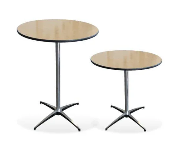 Two round tables with metal bases and light wood tops, one larger and one smaller, set against a white background.