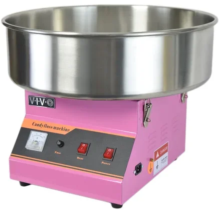 Pink cotton candy machine with a large metal bowl and control buttons.
