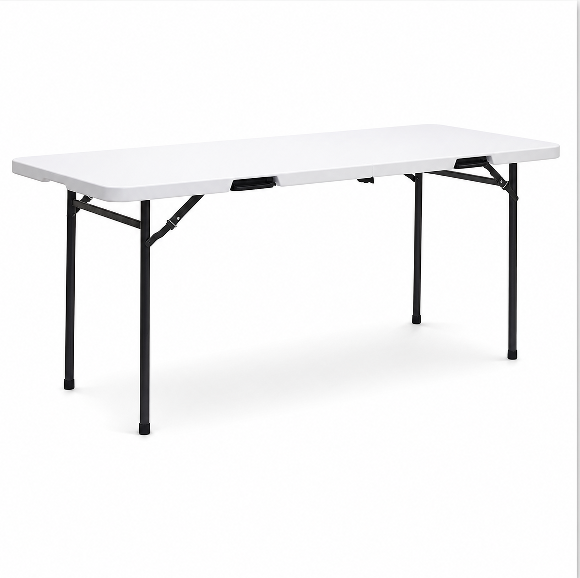 Foldable white table with black metal legs on a white background.