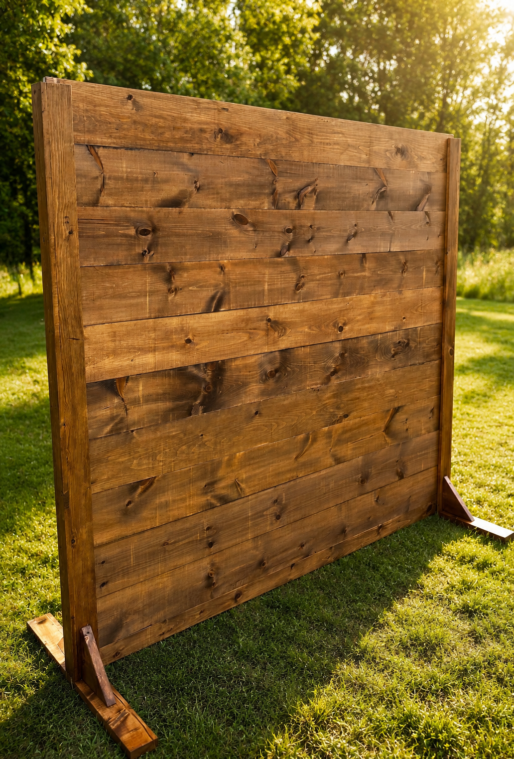Wooden privacy fence panel installed outdoors on a grassy lawn with trees and sunlight in the background.