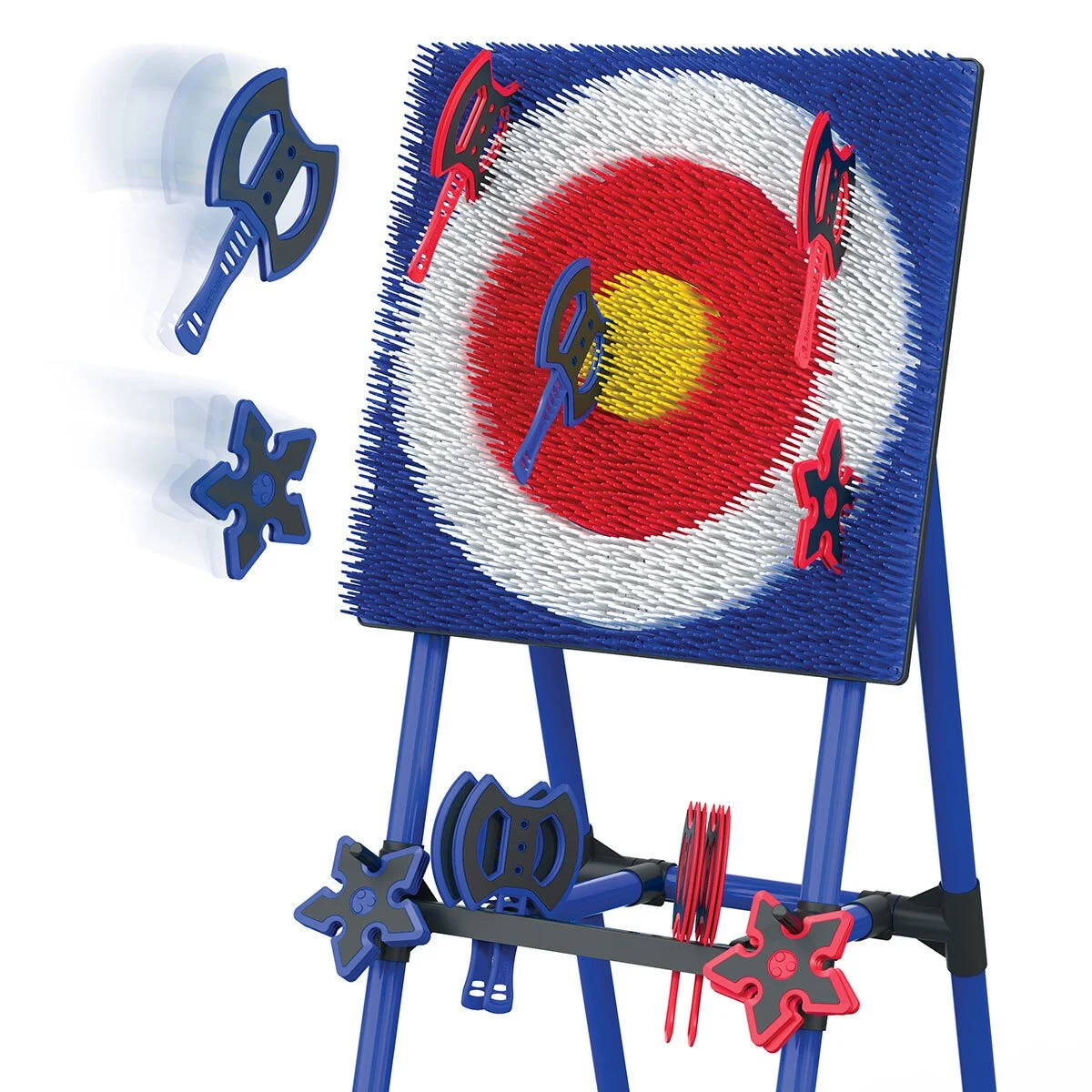 A skee ball arcade game with blue, red, and yellow clippers holding balls, targeting a red and white bullseye on the game board.
