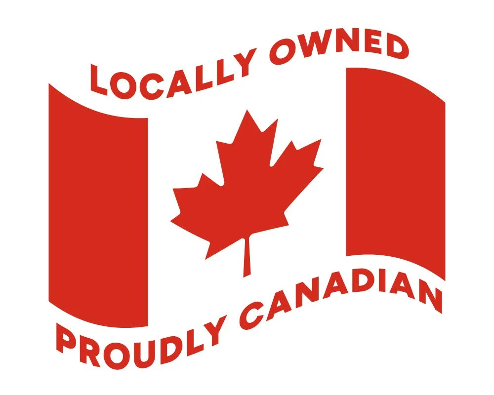 A logo with a red maple leaf in the center, flanked by two stylized red Canadian flags. The text reads "Locally Owned" at the top and "Proudly Canadian" at the bottom, both in red capital letters.