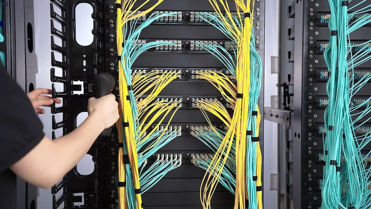 A person working on a server rack with yellow and blue network cables organized and connected to networking hardware.