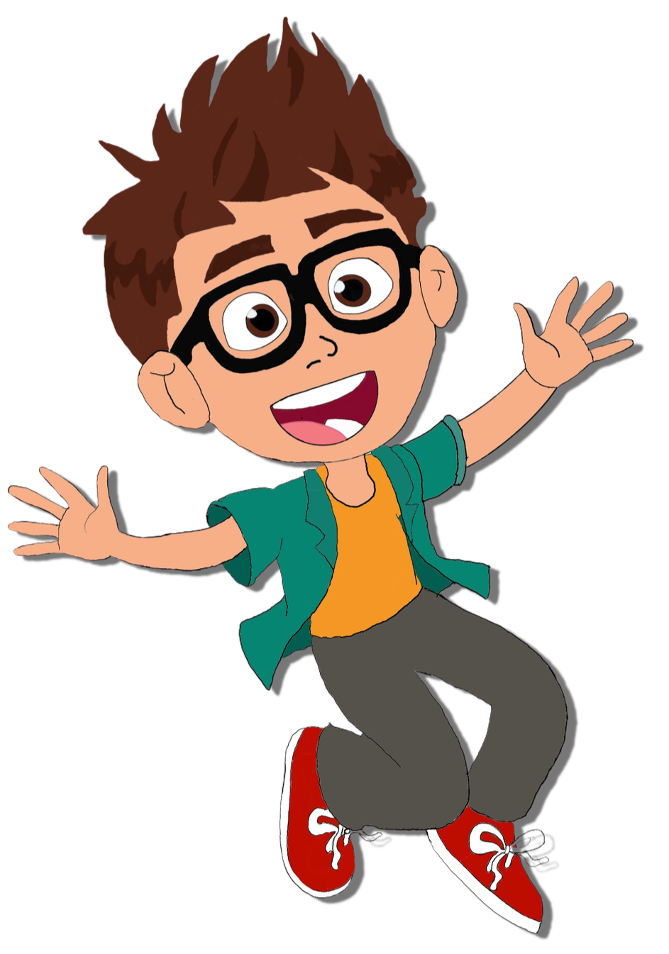 A cartoon boy with brown spiky hair and black glasses, smiling and jumping, wearing a green jacket over an orange shirt, gray pants, and red sneakers with white laces.