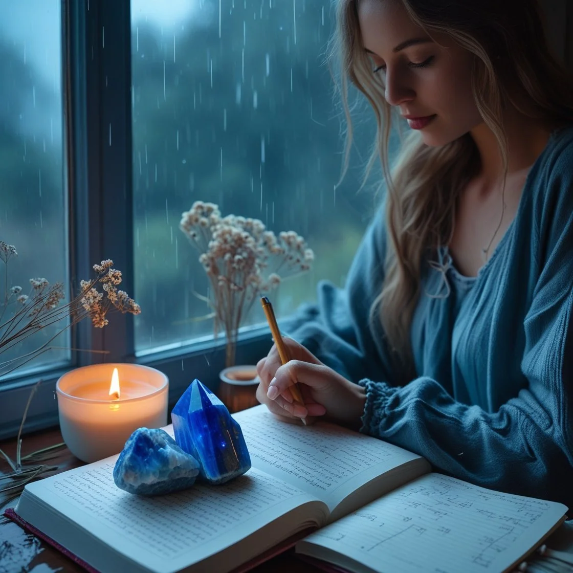 woman sitting by a window on a rainy evening, writing in her journal with a polished sodalite crystal beside her.