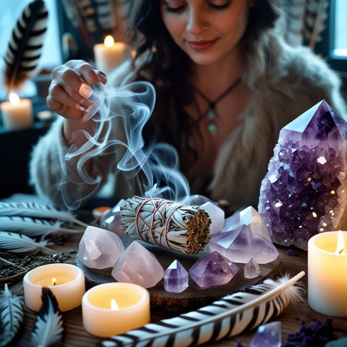 A mystical scene of a woman gently wafting sacred smoke over a collection of crystals using a burning bundle of white sage and lavender.jpg
