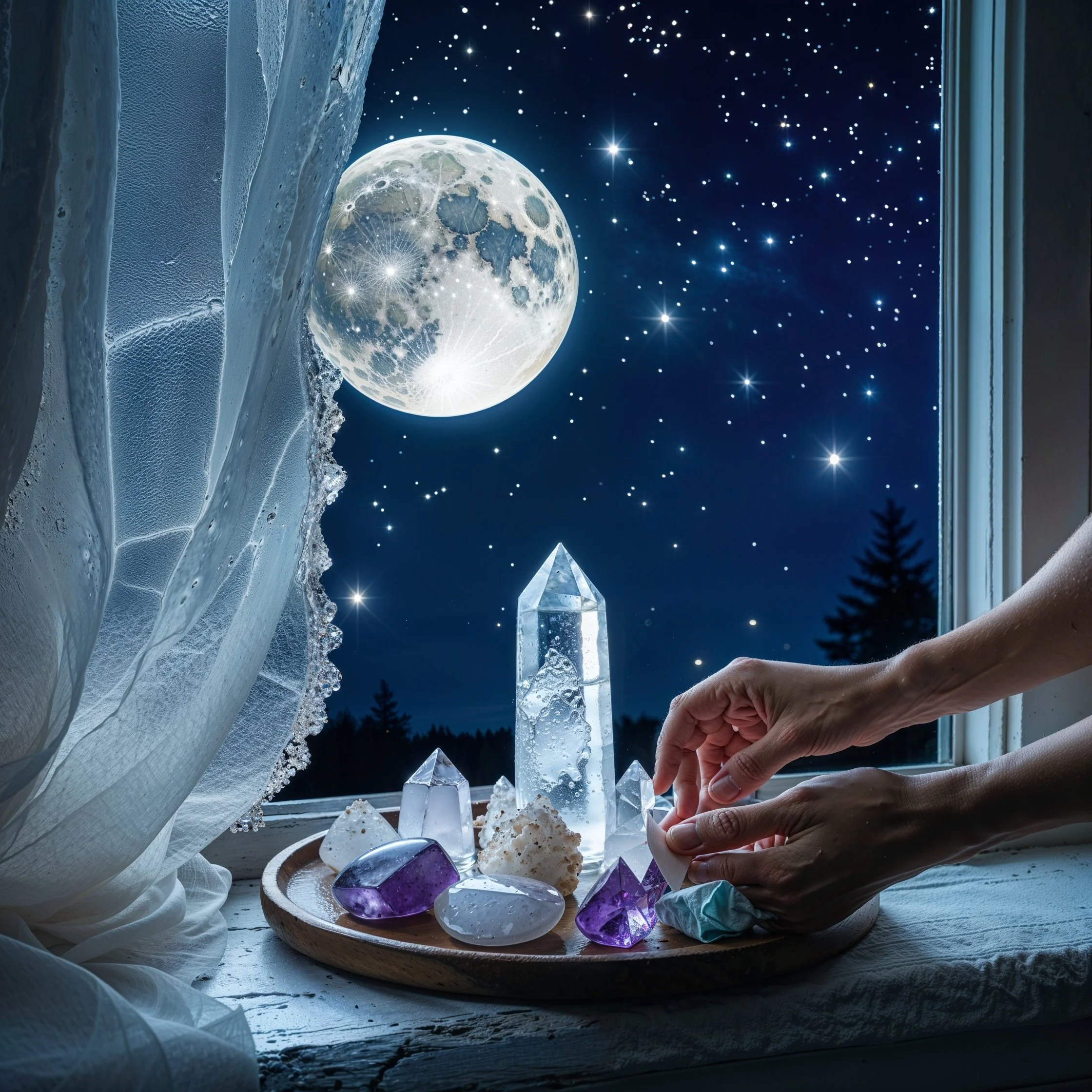 a tray of moonstone, celestite, and amethyst crystals rests on a windowsill, bathed in the soft glow of a full moon.jpg