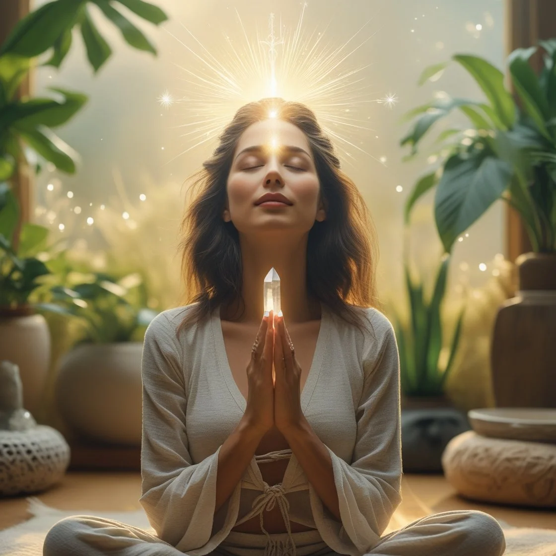 A serene and realistic image of a woman with her eyes closed, holding a small clear quartz crystal above her crown chakra with both her hands.jpg