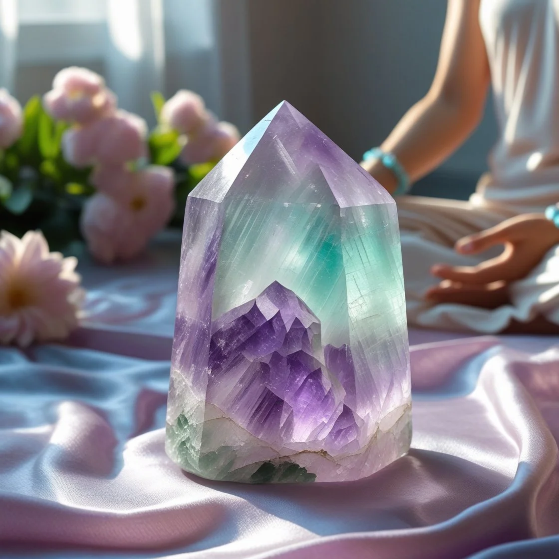 A pastel-colored medium size fluorite crystal sitting on a beautiful silk cloth, illuminated by soft, diffused light.jpg