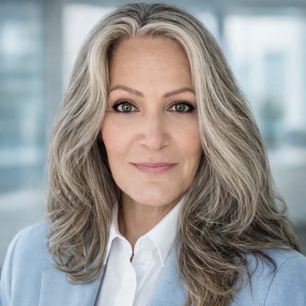 Professional headshot of a middle-aged woman with wavy, blonde hair, wearing a light blue blazer and white blouse, smiling slightly against a blurred office background.