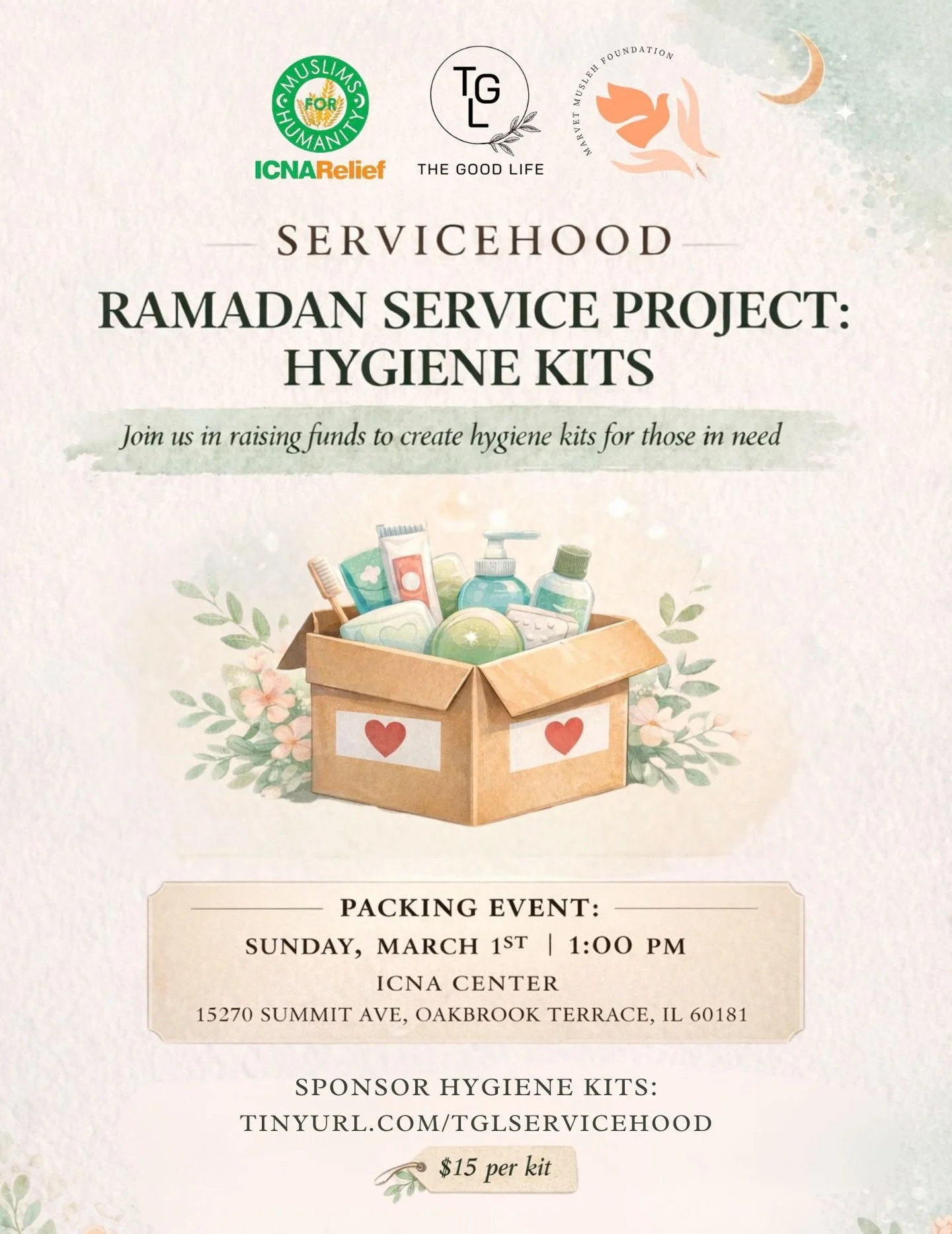 Service is one of the sweetest parts of Ramadan 🤍✨

This Ramadan, we&rsquo;re coming together for Servicehood: Hygiene Kits - raising funds to assemble hygiene kits for those in need.

🧼 Sponsor a kit: $15 per kit
🔗 tinyurl.com/tglservicehood

📦 