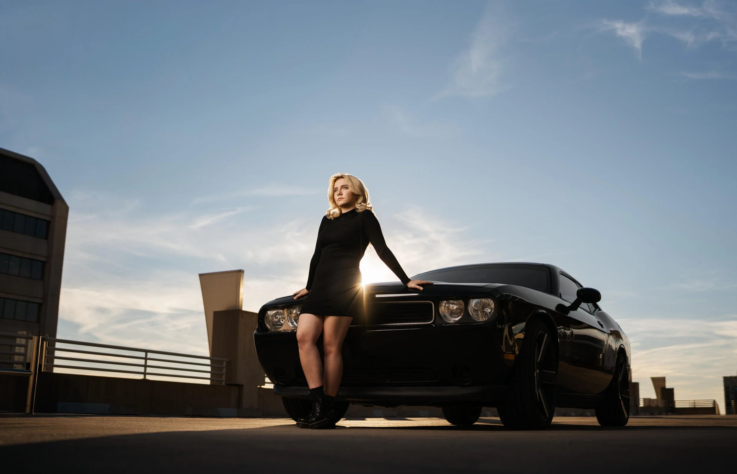 Urban senior photos in downtown phoenix with Jayden and her Dodge Challenger
