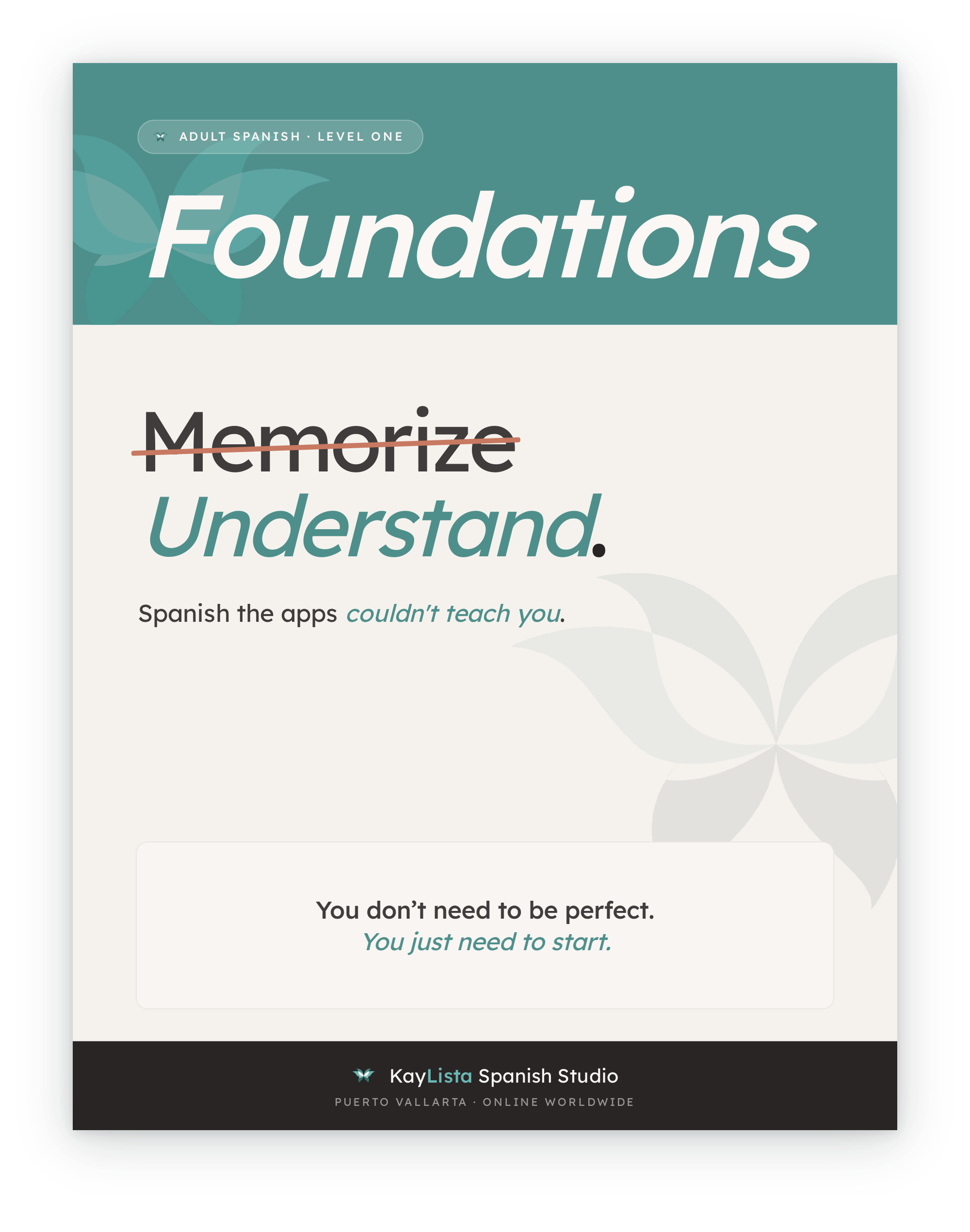 Cover of Foundations, KayLista Spanish Studio’s Level One adult Spanish workbook