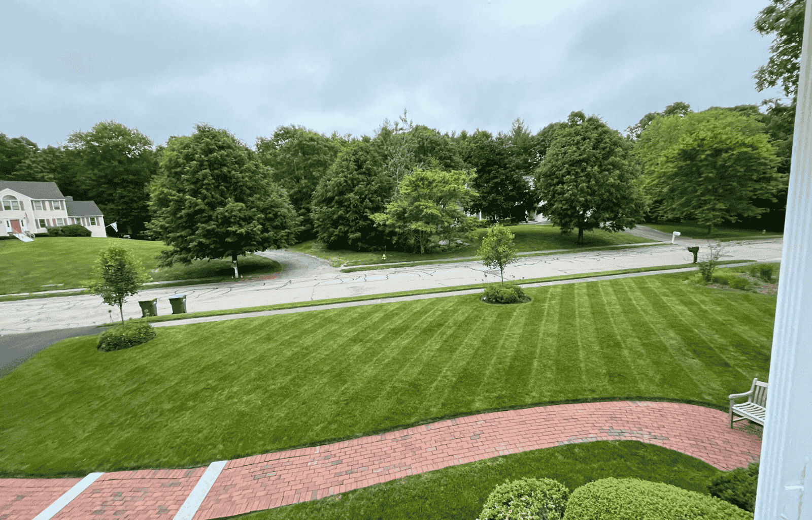 View of a front yard and street with well-maintained grass, bushes, trees, and houses in the background under a cloudy sky.
