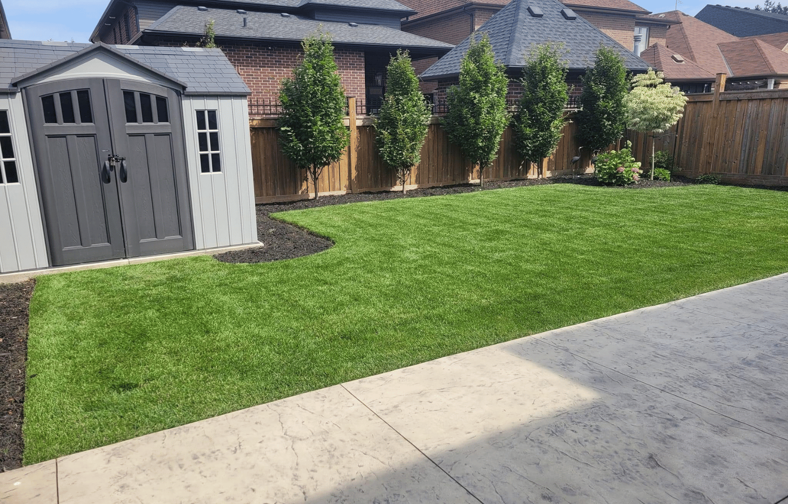 A backyard with a lush, green lawn, a grey storage shed, a wooden fence, and several trees and plants along the fence line.