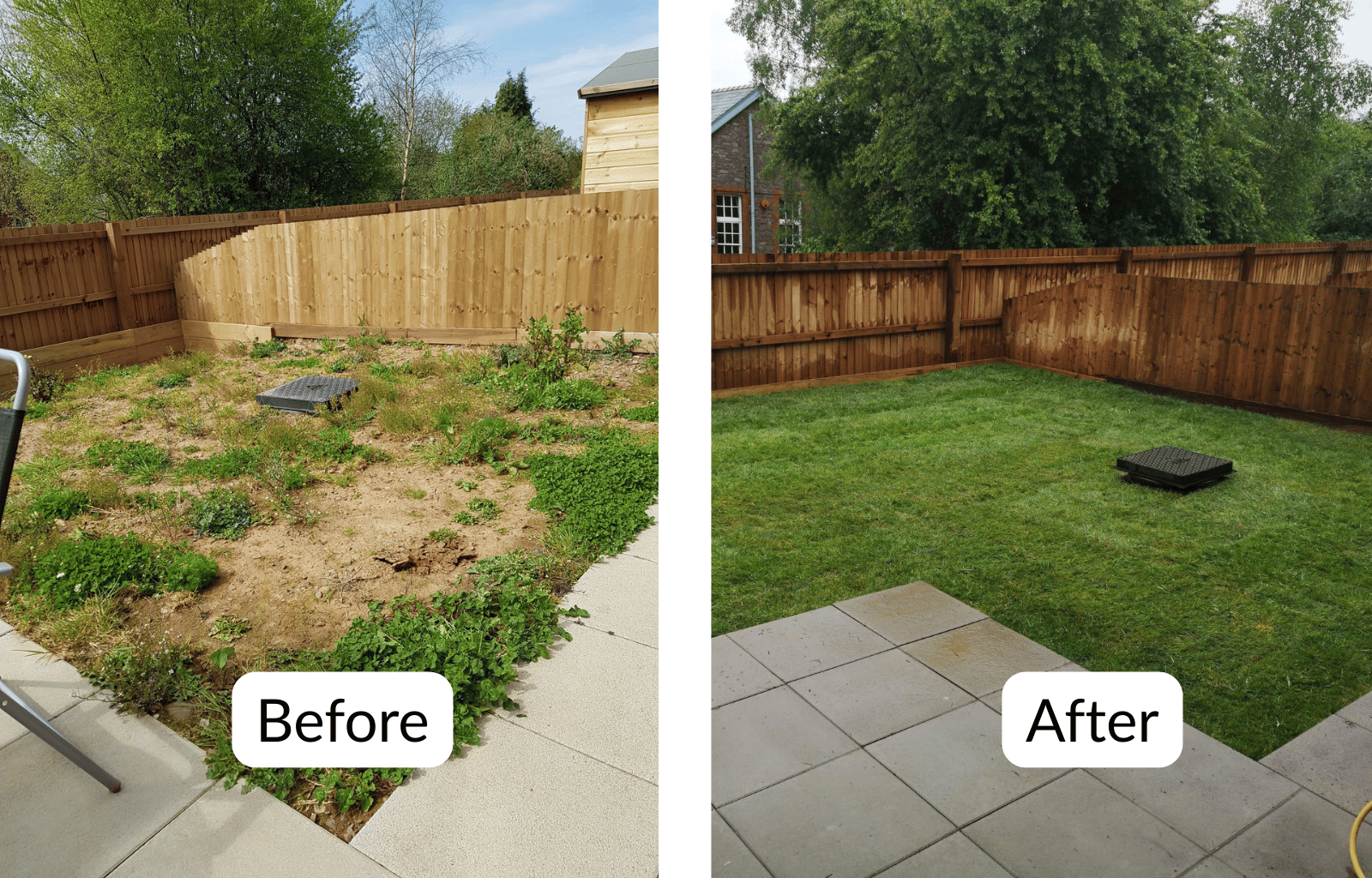 Side-by-side comparison of a backyard before and after landscaping; the before side shows a patchy, overgrown dirt yard with sparse grass and weeds, and the after side shows a clean, lush green lawn with a small section of tiled patio.