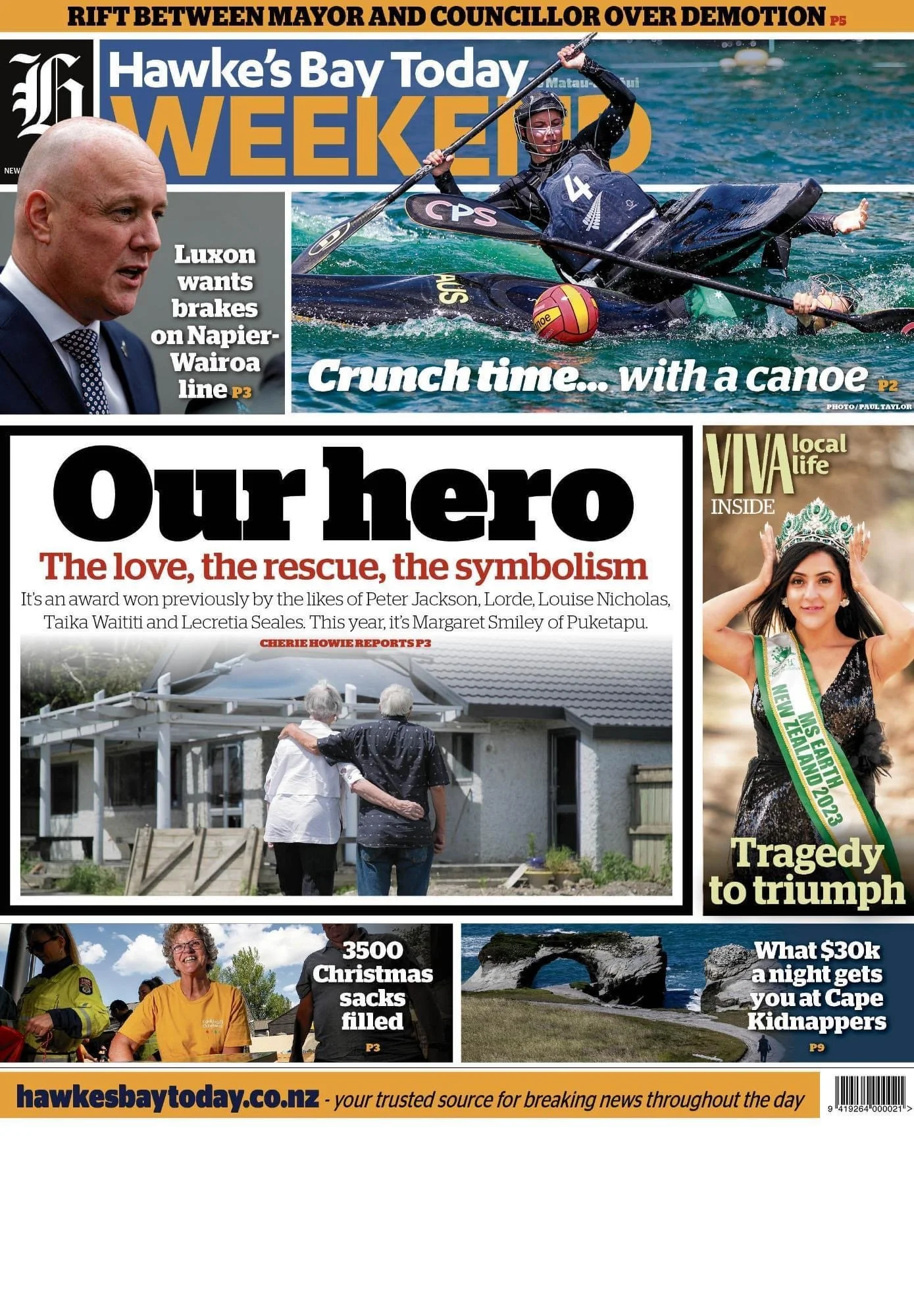 Front page of Hawke's Bay Today newspaper featuring a headline about a hero's love and rescue, a kayaking sports photo, a woman crowned Miss Earth New Zealand 2023, a person smiling wearing a yellow shirt, and a scenic coastal arch.