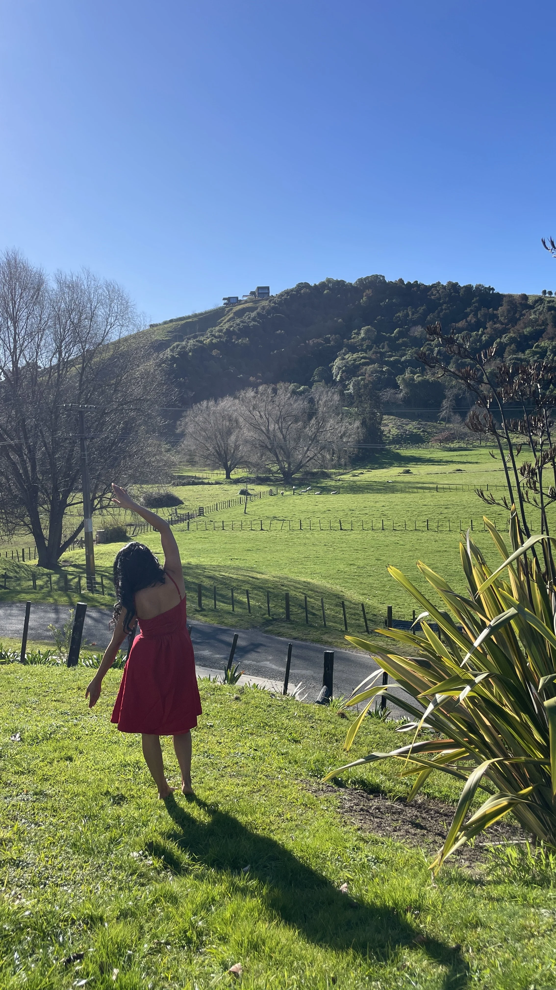 A woman in a red dress dancing in a grassy field with hills and trees in the background under a clear blue sky.