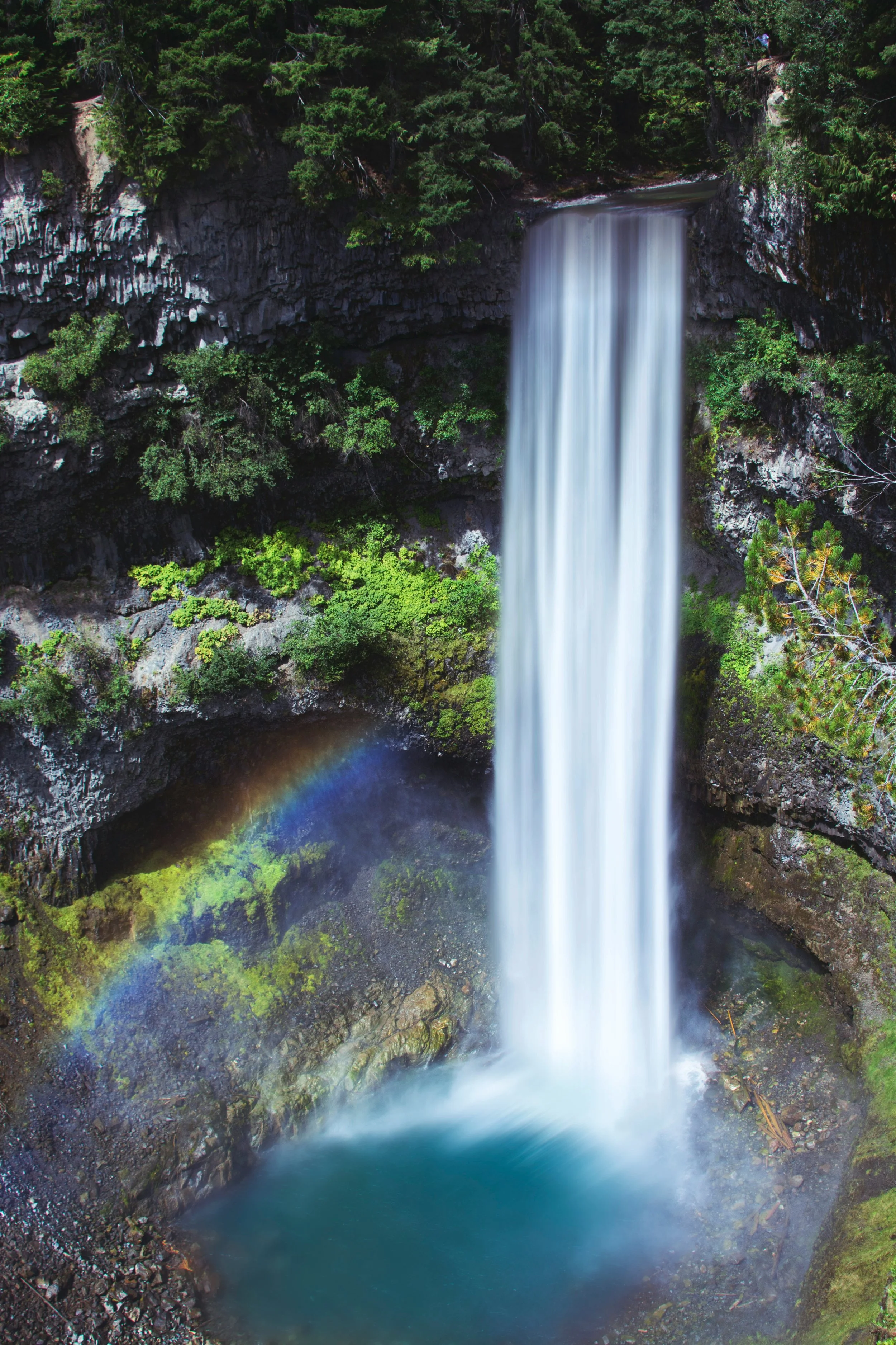 A tall waterfall flowing into a pool surrounded by rocks and lush green trees, with a rainbow visible near the base of the falls.