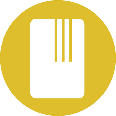 Icon of a white credit card with three vertical lines, on a yellow circular background.