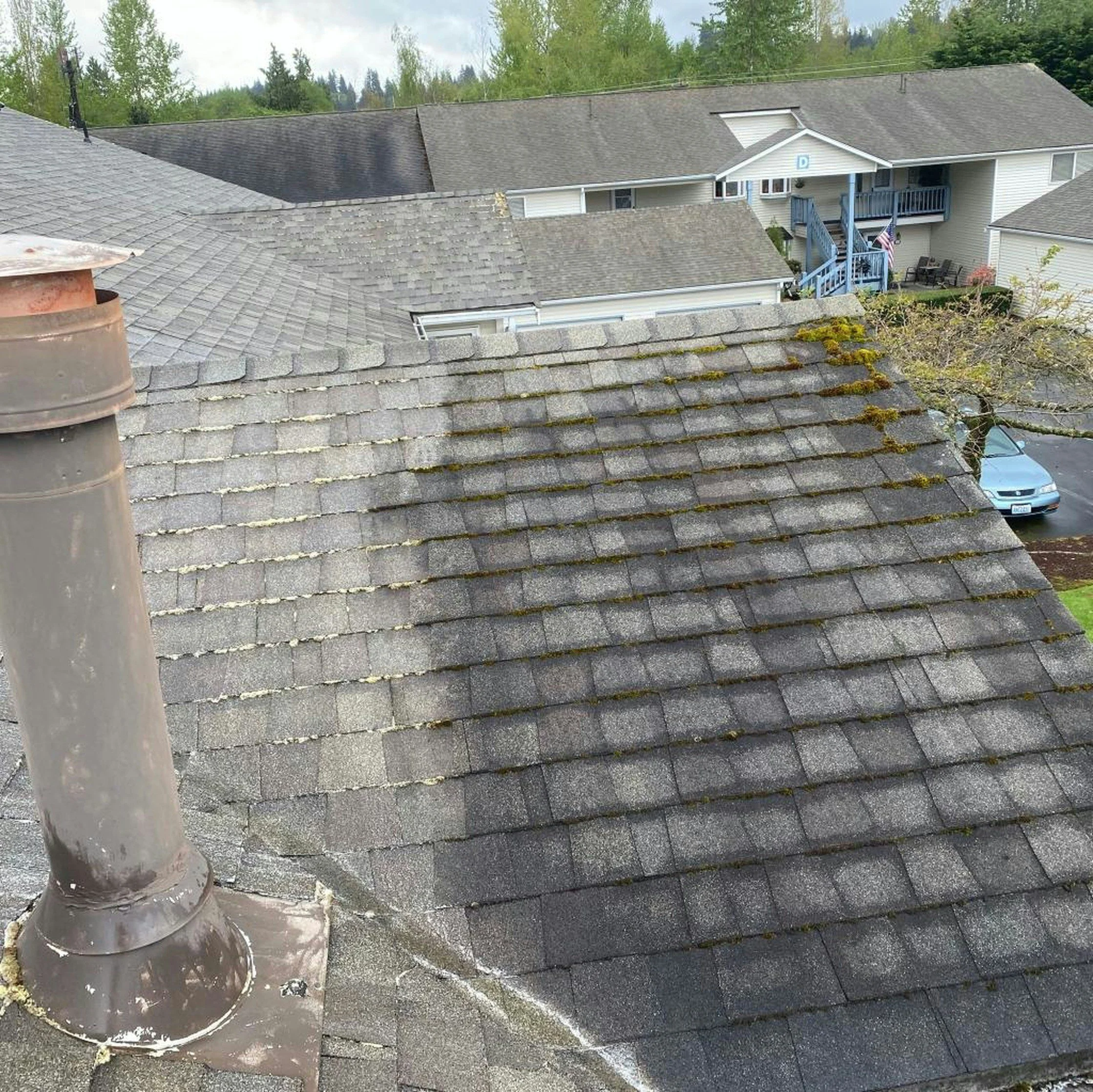 View of a residential roof with weathered shingles, moss growth, and a chimney on the left side; neighboring houses and trees in the background.