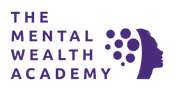 Bold Letters "THE MENTAL WEALTH ACADEMY" In uppercase futuristic/blocky font. Text Appears in white or light colour against black, with "wealth" possibly Accented or integrated in a geometric brain icon. In purple/pink tones.