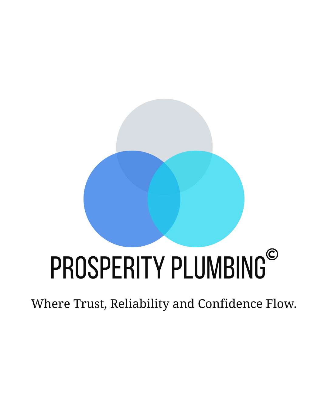 Modern abstract logo of three overlapping translucent circles in shadows of blue: one grey-white at the top, deeb blue button-left, and cyan bottom-right, creating a Venn diagram effect with blended overlaps. Below: "Prosperity Plumbing" in Uppercase