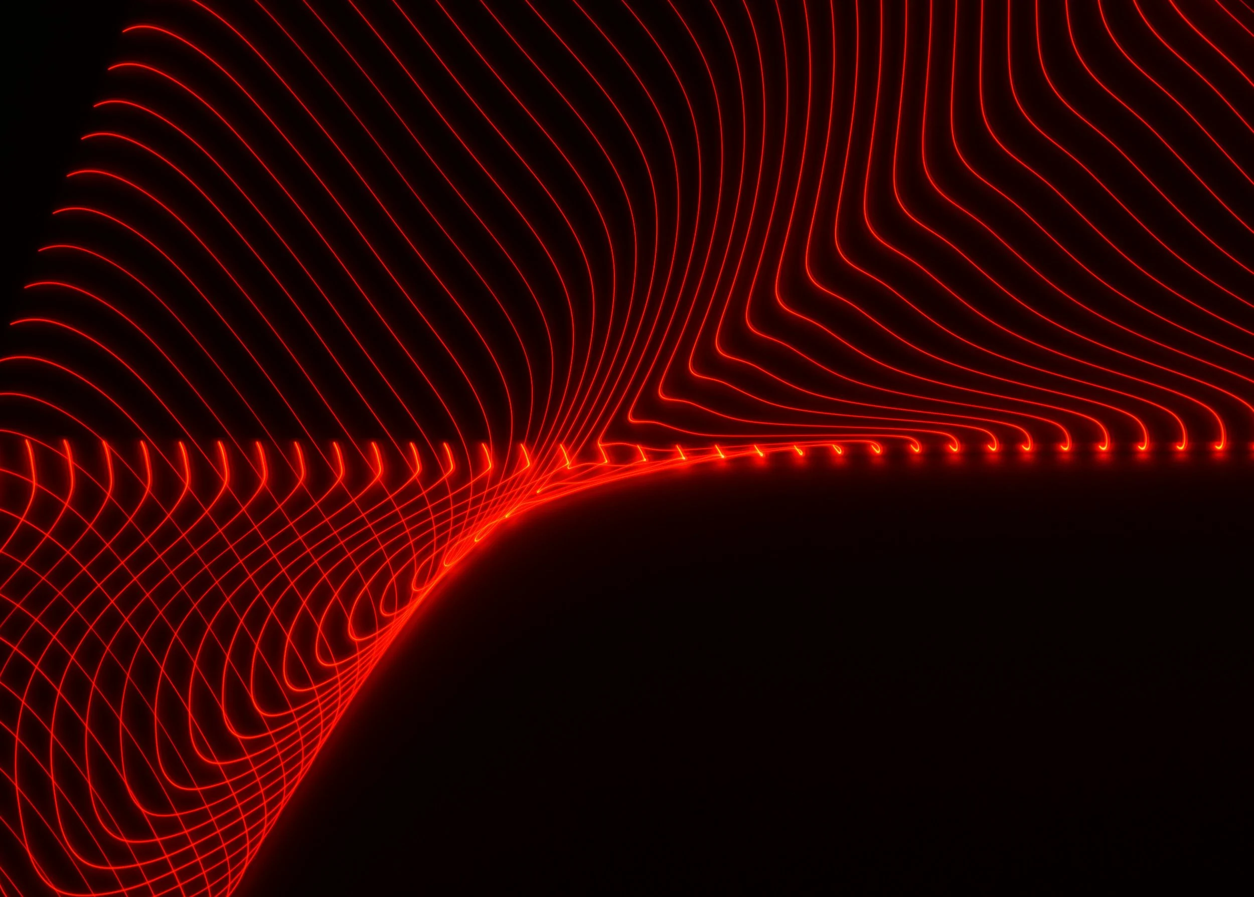 Red neon light lines creating a wave-like pattern on a black background.