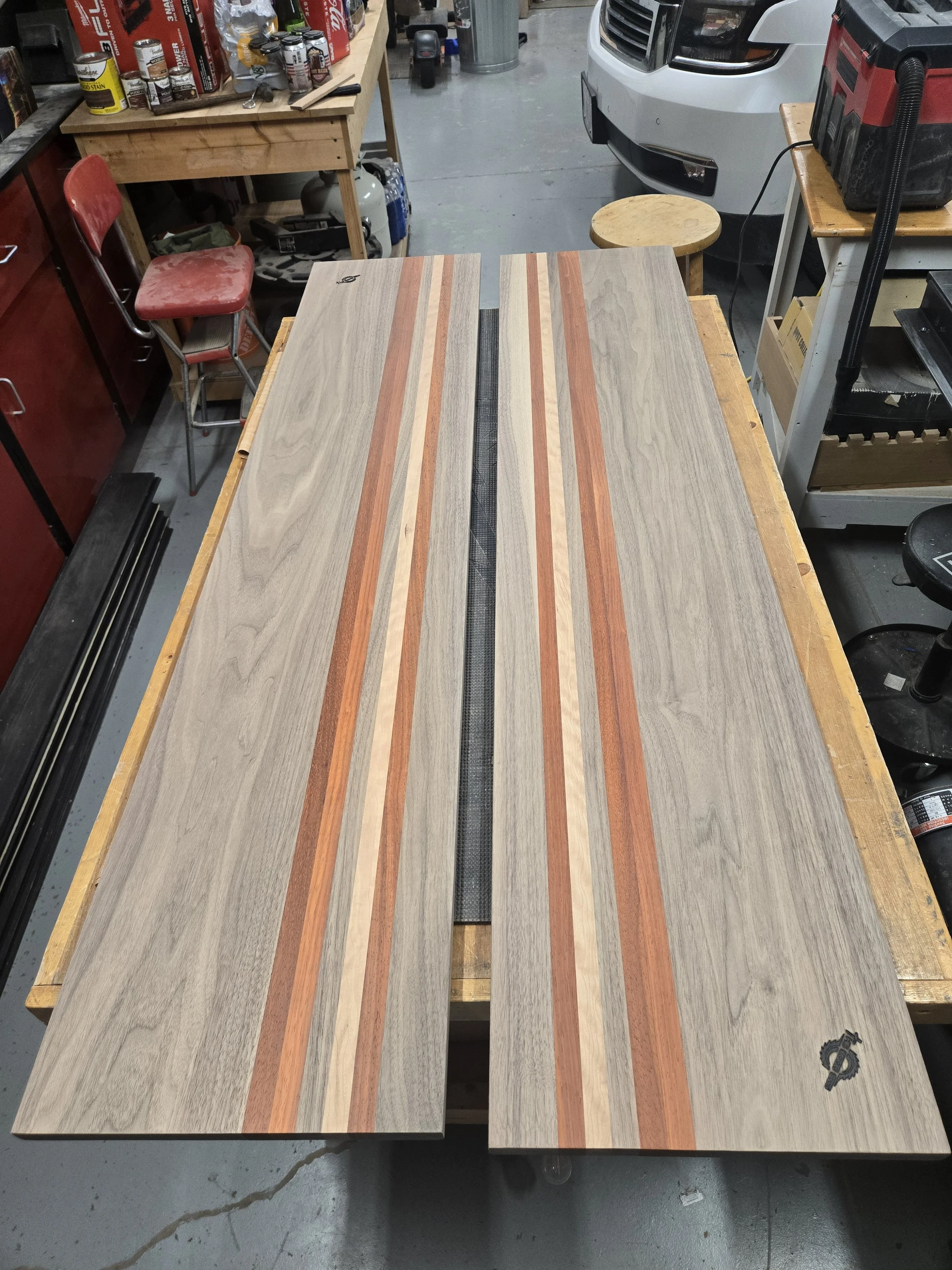 Custom built cutting board counter top with walnut, paduk and cherry accents
