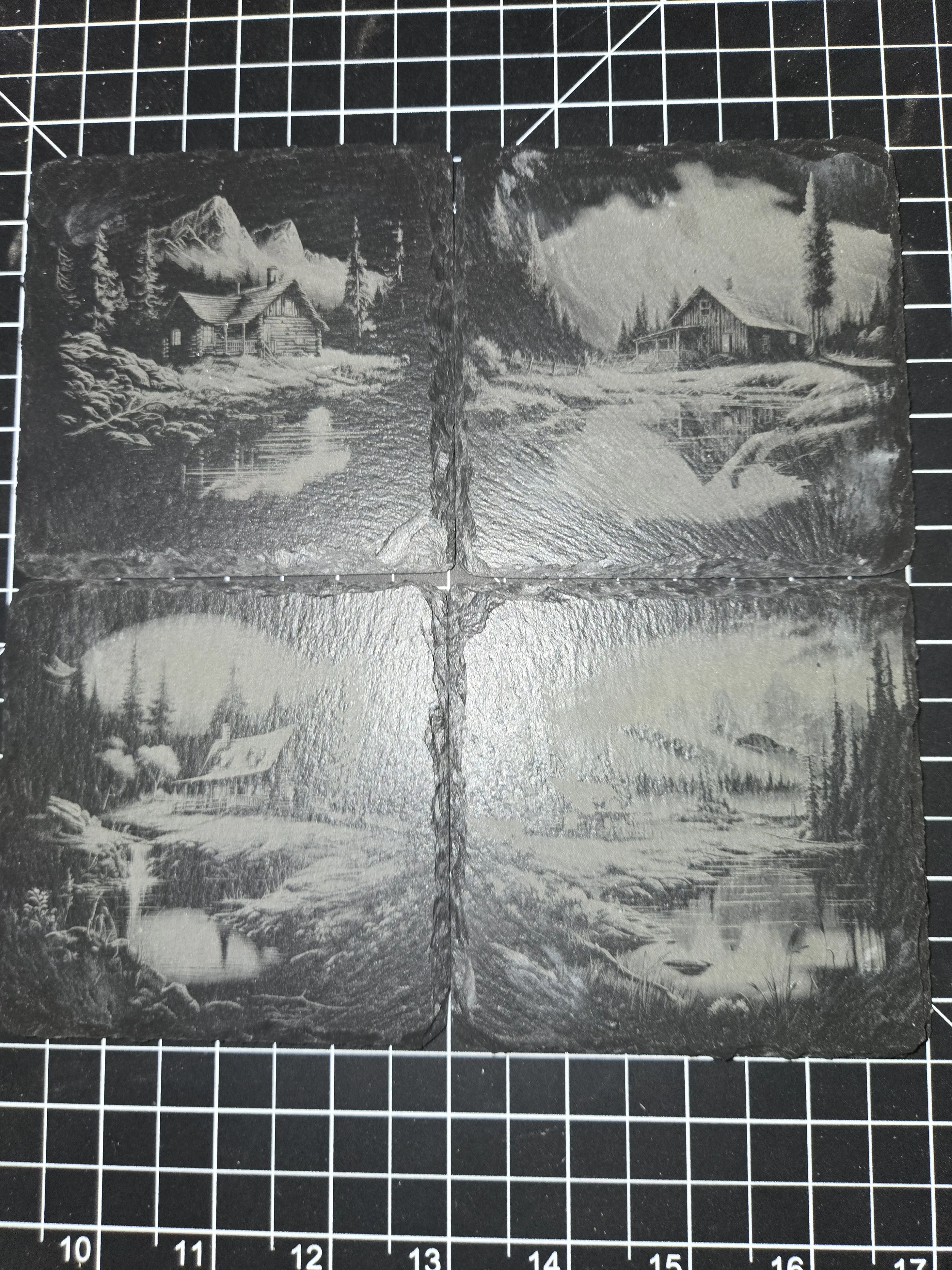 Four black and white engraved images of log cabins and natural landscapes, arranged in a 2x2 grid.