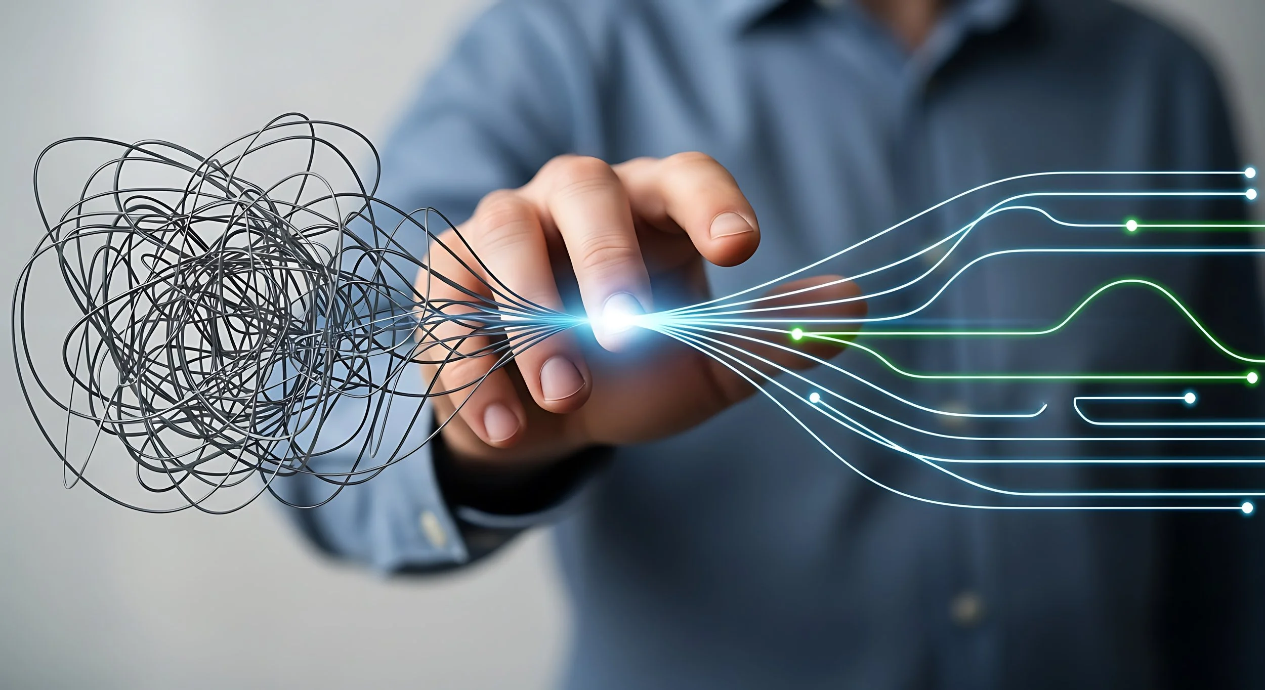 Operations consultant untangling complex business processes into streamlined, organized systems