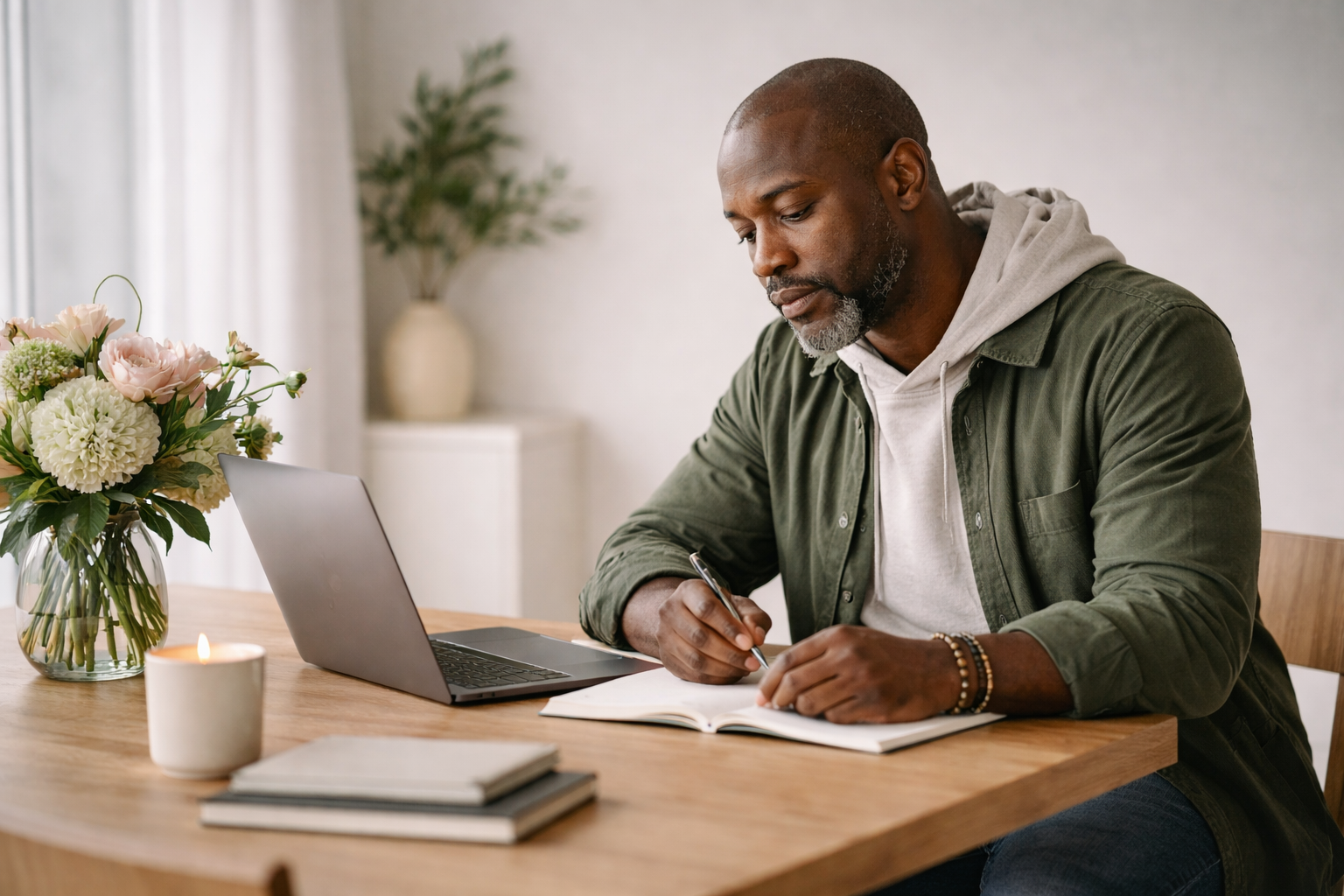 A man sitting at a wooden table, writing in a notebook with a pen. There is a laptop, a bouquet of pink and white flowers, a lit candle, and a closed notebook on the table. In the background, there is a vase with greenery and a white wall.
