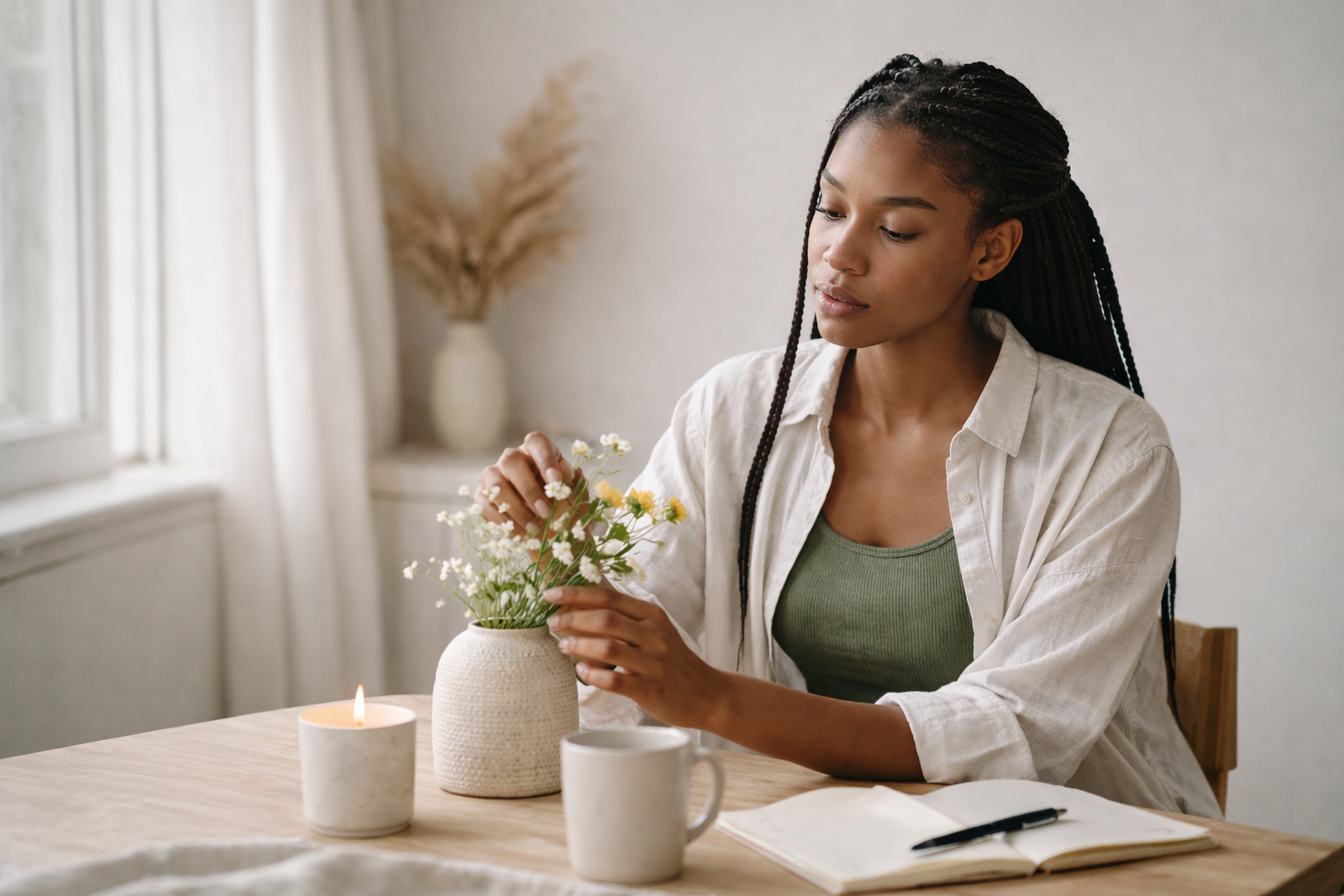 Young woman with braided hair arranging white and yellow flowers in a beige vase on a wooden table, with a lit candle, a mug, an open notebook, and a pen in a cozy, softly lit room.