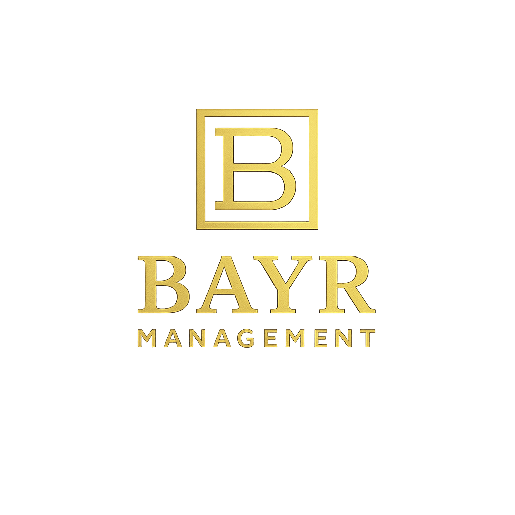 Gold and black logo for Bayr Management with a stylized 'B' inside a square and the company name below.