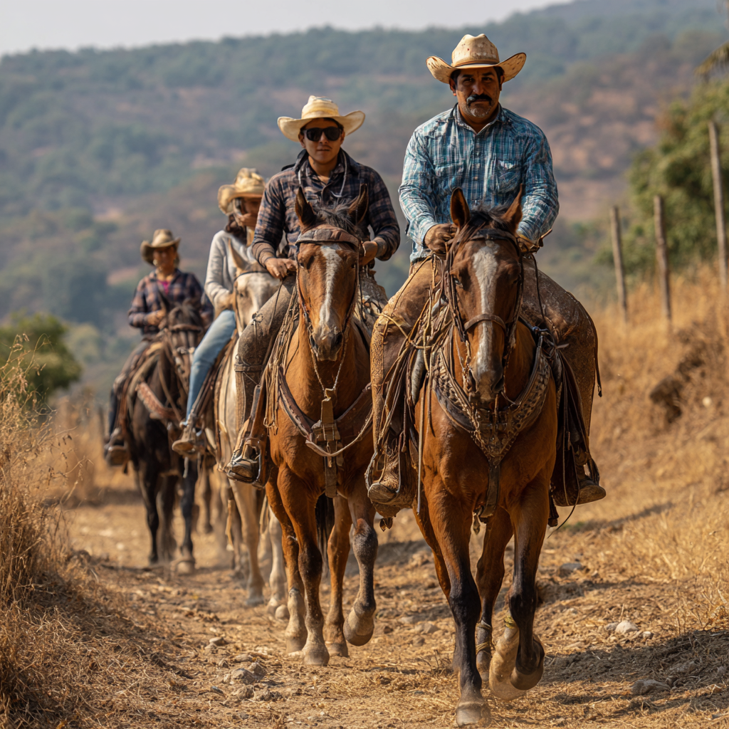 Octavio_Rojas_Four_people_on_horses_with_silla_charra_equipme_c461bed7-77ea-4ad2-a117-1b0c930ca7d4_0.png