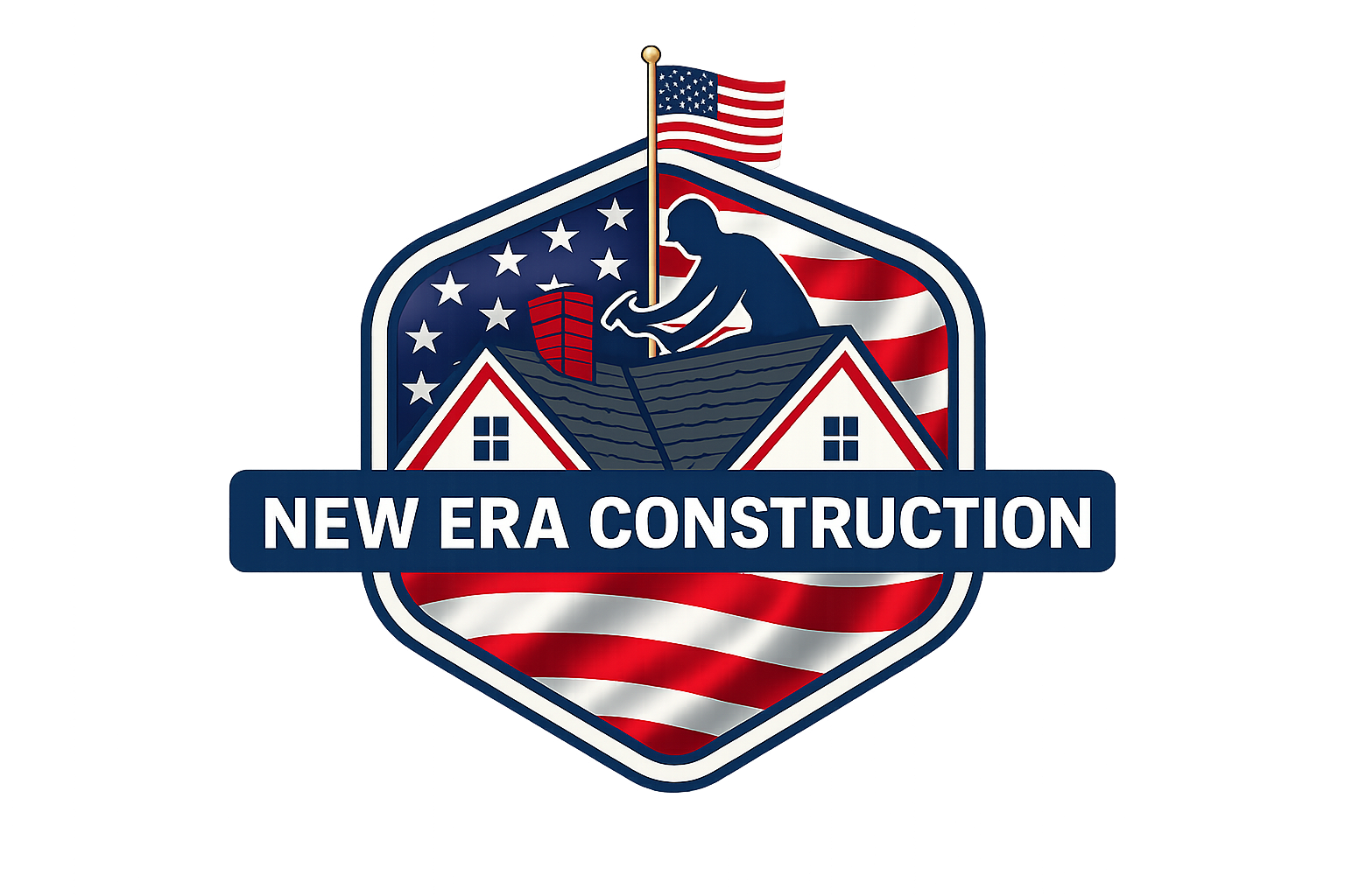 A logo with a blue shield shape featuring a construction worker hammering on a house, with an American flag pattern in the background, and the text 'New Era Construction' below.