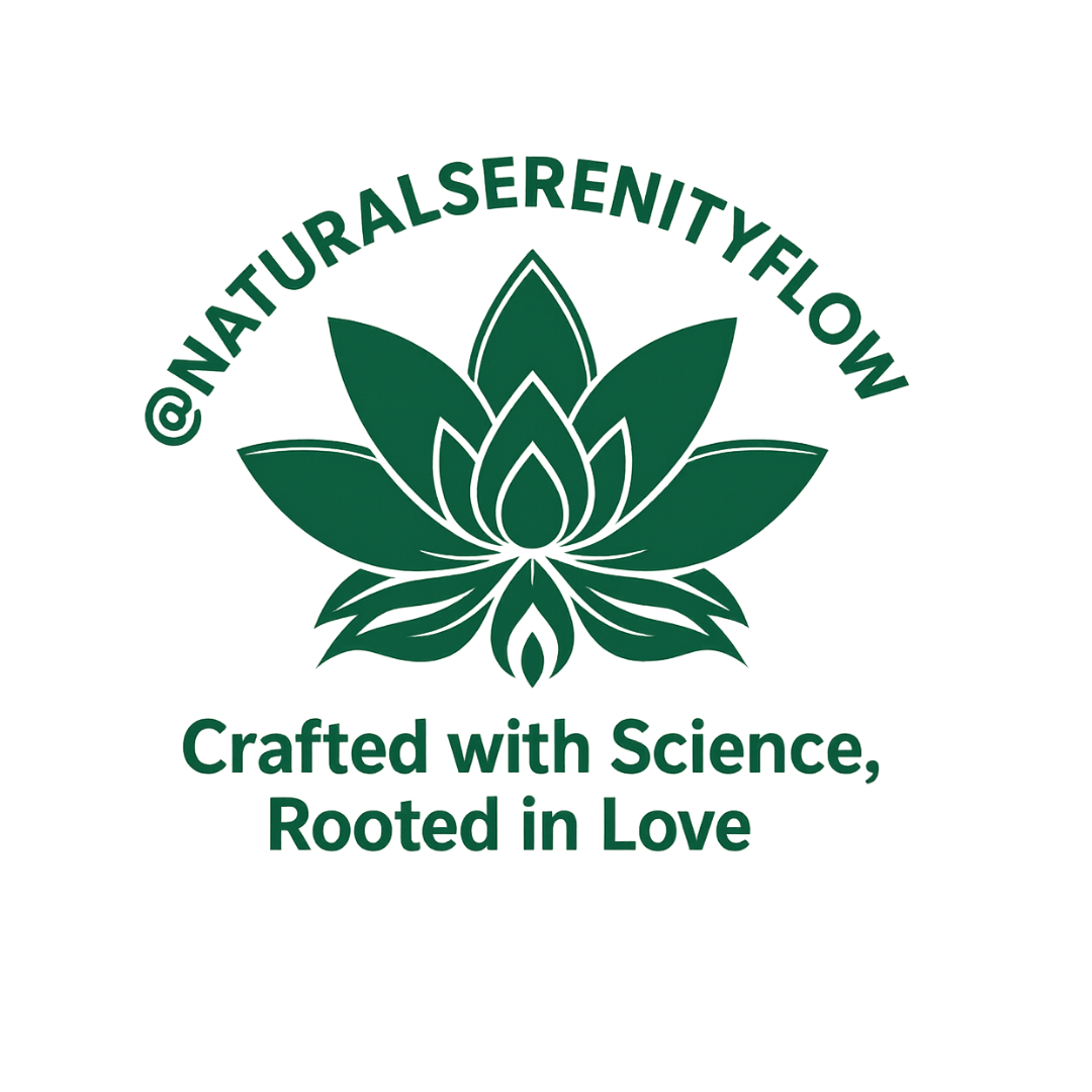 A logo with a stylized green lotus flower and the text '@NATURALSERENITYLELOW' curved above it, and 'Crafted with Science, Rooted in Love' below.