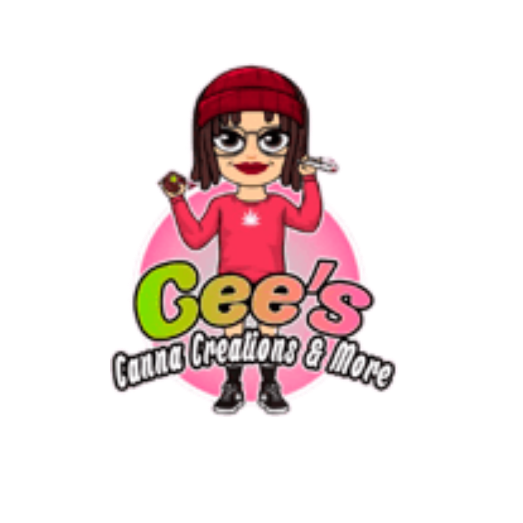Logo for Gee's Candy Creations & More featuring a cartoon girl with glasses, dark hair, red beanie, red shirt, black skirt, black shoes, holding a piece of candy in one hand and a small object in the other, with colorful text.