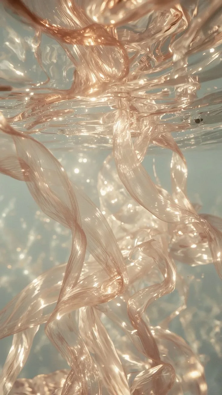 Close-up of jellyfish tentacles in water, shimmering and flowing with a light background.