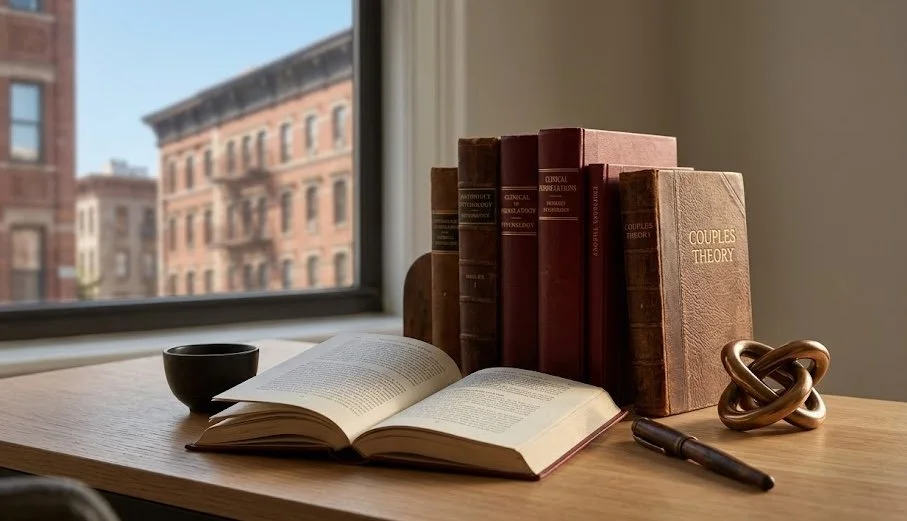 Professional clinical desk space featuring 'Couples Theory' texts and study tools for expert therapy practice at Knots Counseling.