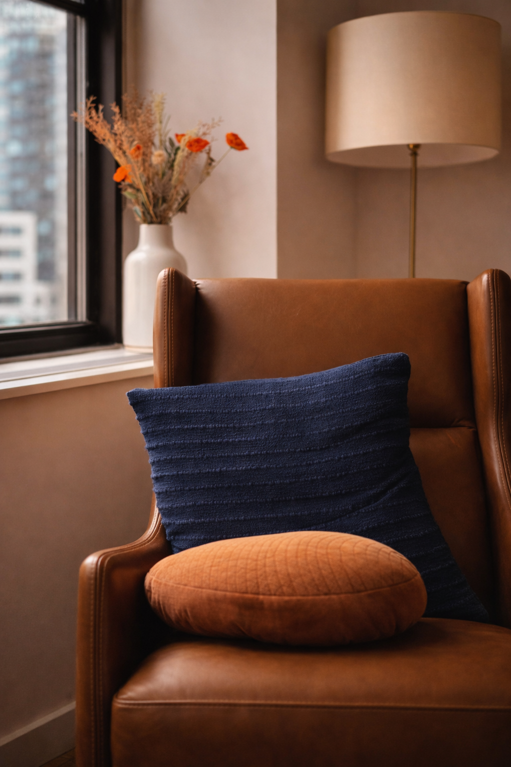 Comfortable leather seating in a Downtown Brooklyn therapy room, providing a warm atmosphere for individual and couples counseling sessions