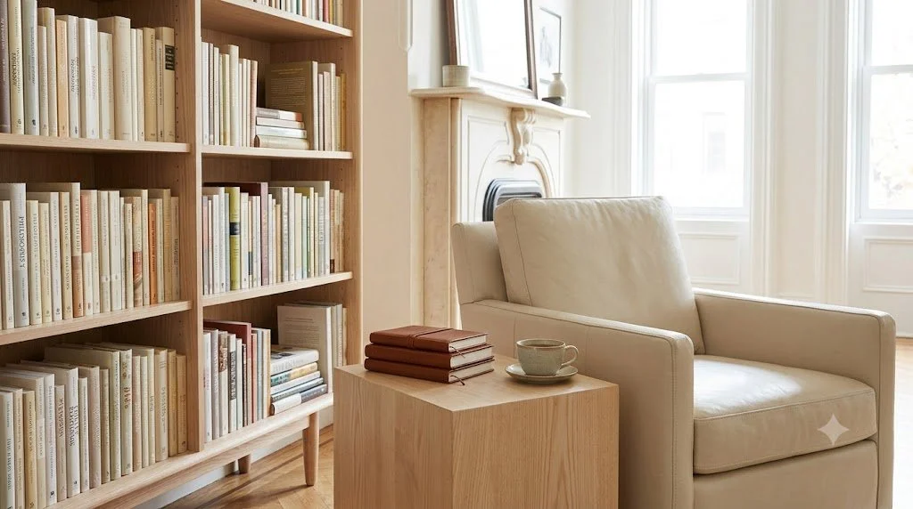 Warm, inviting therapy space with a professional library and fireplace at Knots Counseling, designed for comfort in individual sessions.