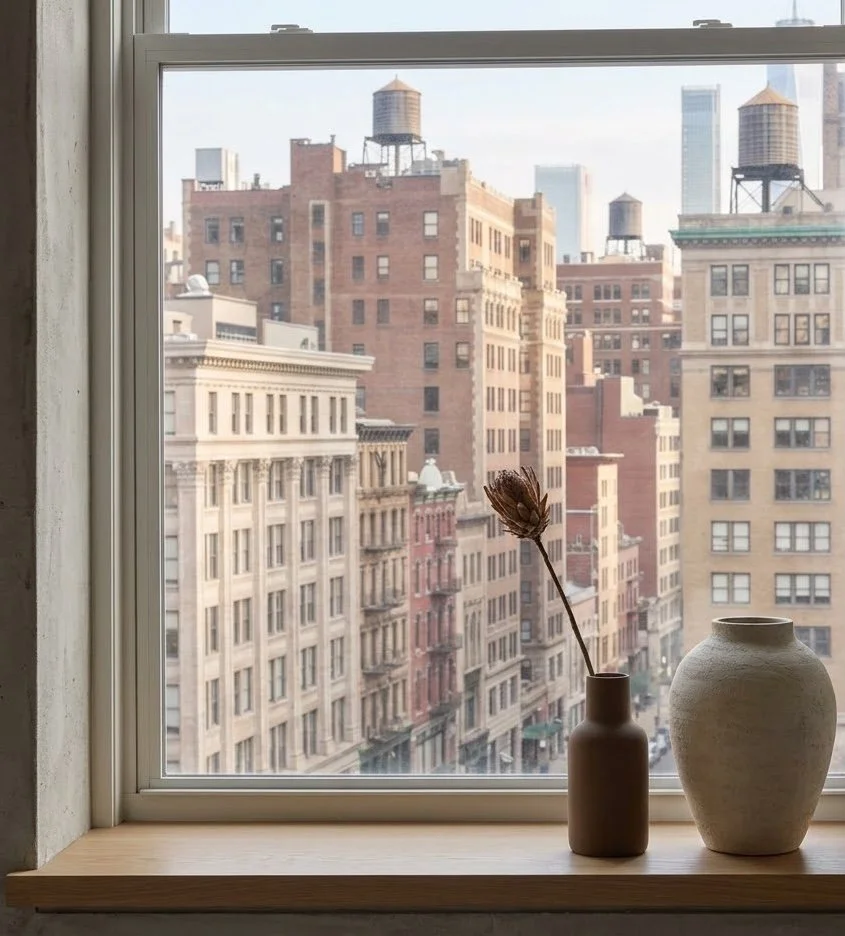 Cityscape NYC view from a serene Knots Counseling office, highlighting the calm atmosphere for therapy sessions in NY.
