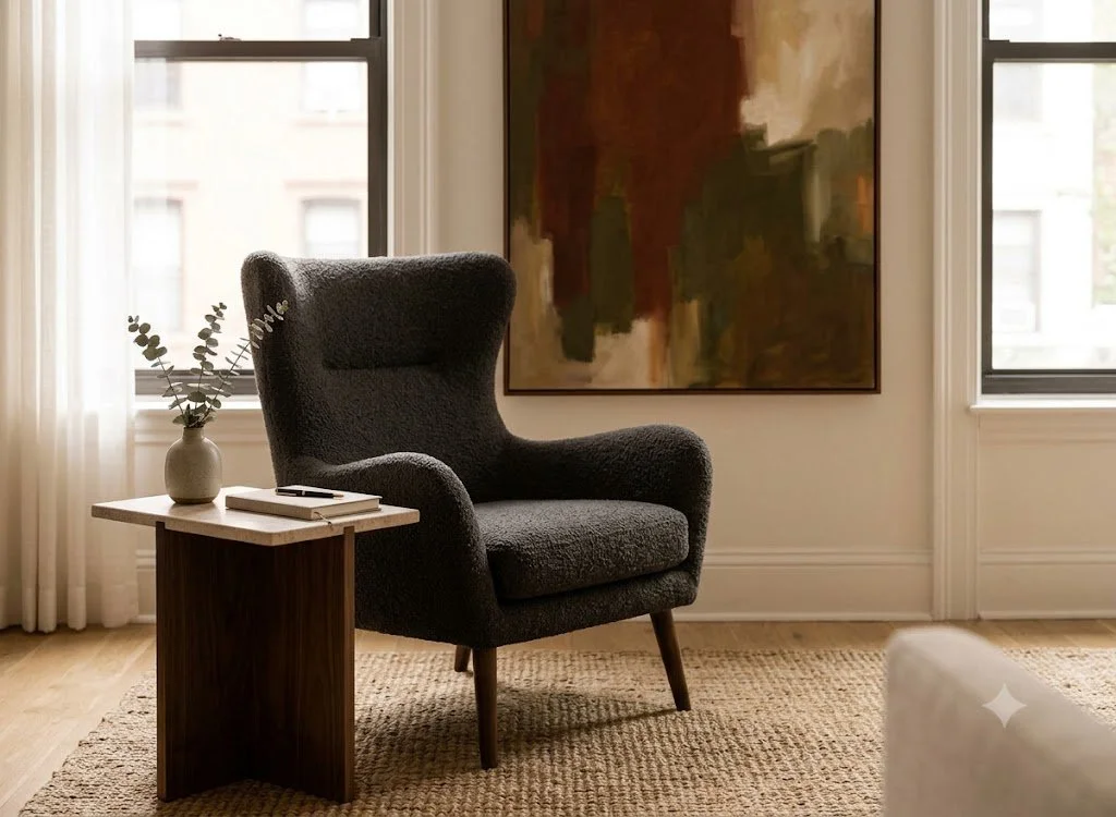 Serene, private therapy office setting at Knots Counseling in New York, featuring a comfortable armchair designed for calm, focused individual psychotherapy session.
